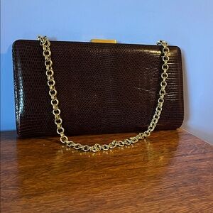 Darby Scott Dark Brown lizard Clutch with Gold Chain